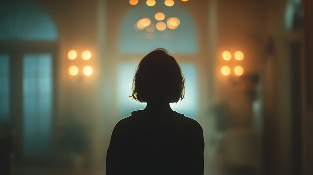 A silhouette of a person standing in a dimly lit hallway, with soft bokeh lights in the background, creating a mysterious and atmospheric mood