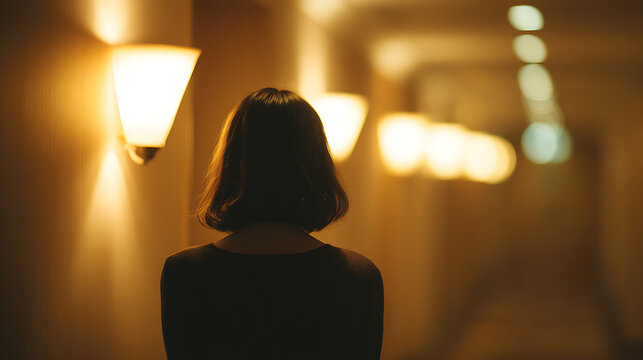 A woman stands alone in a dimly lit hallway, facing away from the camera, with warm light emanating from wall sconces