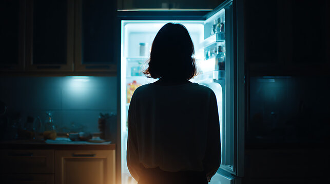A woman standing in front of an open refrigerator at night, illuminated by the interior light. She is facing away from the camera and looking into the refrigerator.