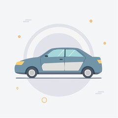 Fototapeta premium Flat design blue sedan car vector illustration with decorative circular elements