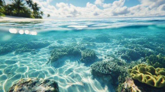 tiny coral atoll surrounded by crystal clear water, generative ai