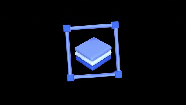 3D render of stacked squares inside a square frame on a black background.