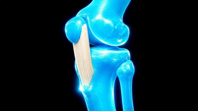 3D medical animation of a rotating human knee joint. Features a glowing blue neon skeletal structure with the patellar ligament highlighted in red in a futuristic style
