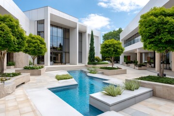 Fototapeta premium Modern office building architecture with tranquil water feature