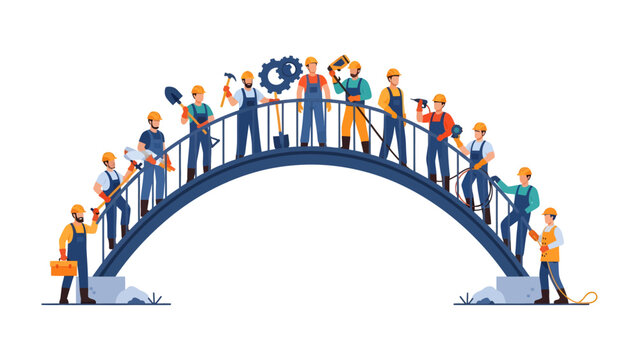 Constructive Unity: Construction workers stand proudly on a bridge, representing collaboration and progress. A visual metaphor of teamwork, building, and engineering.