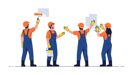Obraz premium Team of Painters in Action: A dynamic team of skilled painters in uniform, meticulously transforming a surface with their brushes and rollers, embodying the essence of renovation and home improvement.
