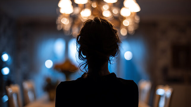 A woman stands in silhouette, facing away from the camera, under a dimly lit chandelier, creating an atmosphere of mystery and introspection