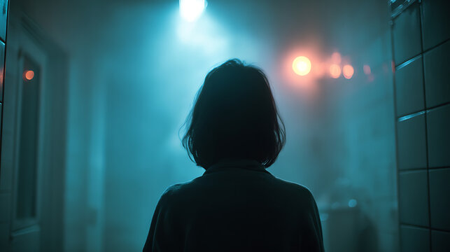 A person's back as they stand in a dimly lit, smoky room with spotlights. The atmosphere is mysterious and perhaps a bit ominous