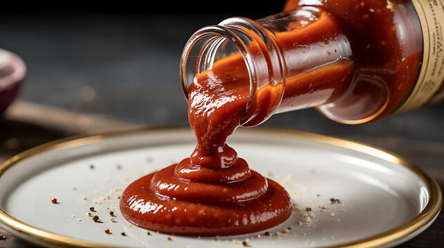 Thick red tomato sauce or ketchup pouring from glass bottle onto white plate with cracked pepper and salt.