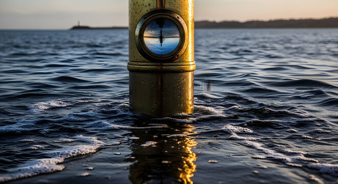 A brass periscope rising above the ocean surface with a reflection of the horizon in the glass lens