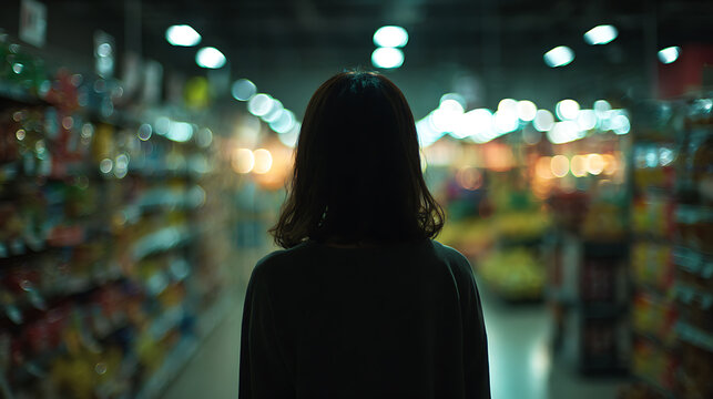 A solitary woman stands in the aisle of a brightly lit supermarket, her back to the camera, surrounded by shelves stocked with goods