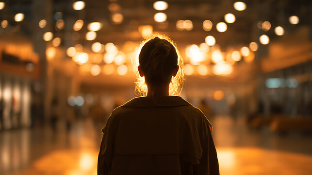 A silhouette of a person facing away from the camera, walking towards a warm, illuminated interior space with bokeh lights