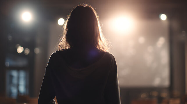 A woman standing on a stage looking towards the light. She is illuminated from behind, creating a silhouette effect
