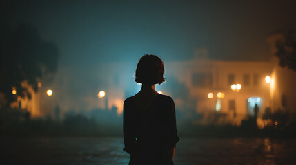 Fototapeta premium A solitary figure stands silhouetted against a foggy, illuminated cityscape at night, evoking a sense of mystery and contemplation