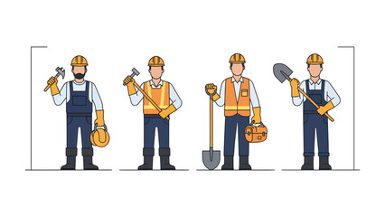 Obraz premium Construction Crew Illustration: A collection of skilled construction workers, each holding essential tools of their trade, stand ready to tackle the tasks.