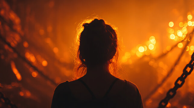 Silhouette of a woman facing away, bathed in a warm, fiery glow, with chains and lights in the background, creating a dramatic and mysterious atmosphere