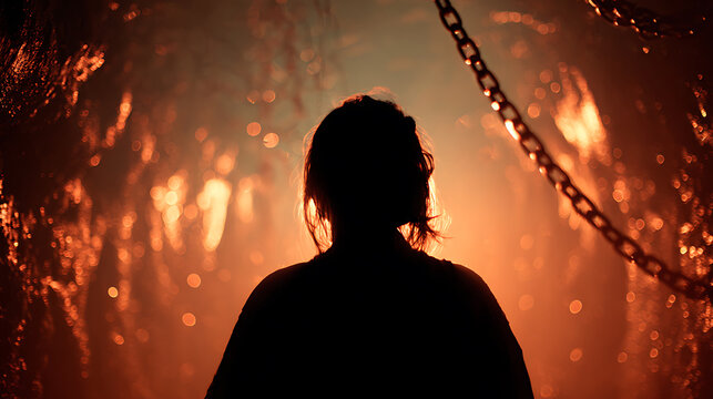 A solitary figure stands silhouetted against an inferno of molten rock and chains, evoking a sense of primal dread and confronting the abyss