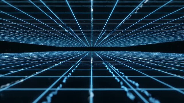Abstract Blue Digital Grid Lines Expanding into Infinity.