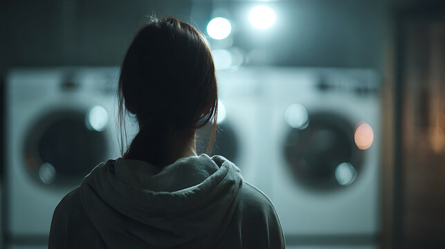 A young woman stands in a dimly lit room, facing away from the camera, with a washing machine visible in the background. The atmosphere is melancholic and introspective