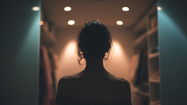 Silhouette of a woman standing in a dimly lit dressing room or closet, facing away from the camera. Warm spotlights illuminate the scene
