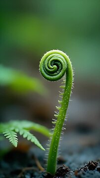 Close-up of a coiled green fern frond or fiddlehead with delicate hairs, growing in a lush, moist forest.