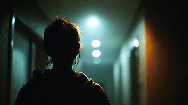 A silhouette of a person walking down a dimly lit hallway, with lights creating a hazy atmosphere. The mood is mysterious and slightly unsettling