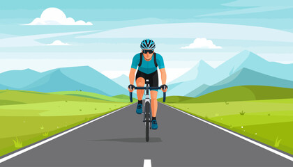 Obraz premium Man rides bicycle on road through green landscape with mountains