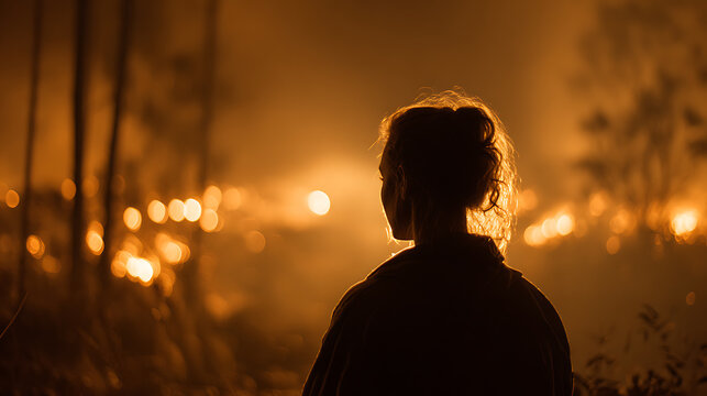 A solitary woman looks out into a hazy, orange-lit landscape at dusk, with glowing orbs of light scattered in the distance. Her silhouette is backlit by the warm glow.