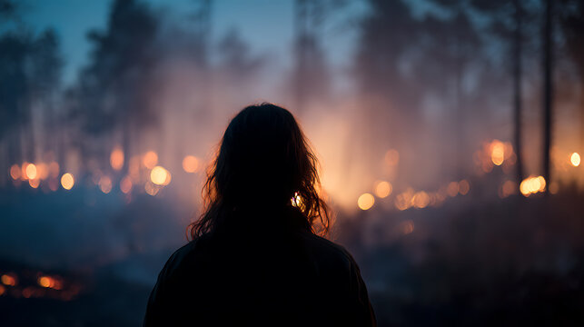 A silhouette of a person stands facing a forest at night, with numerous glowing embers and fires in the background. The scene evokes a sense of mystery and potential danger