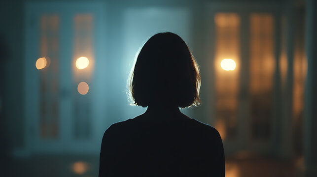 Silhouette of a woman standing in a dimly lit room, facing away from the camera, with soft lights in the background