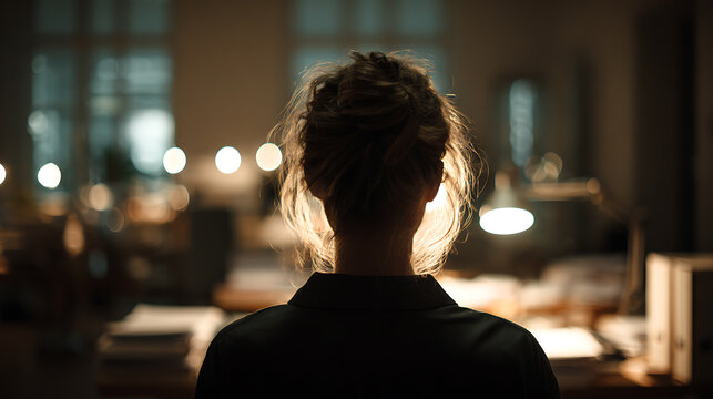 A solitary figure stands with their back to the camera, silhouetted against the warm glow of desk lamps in a dimly lit office environment, contemplating the tasks ahead.