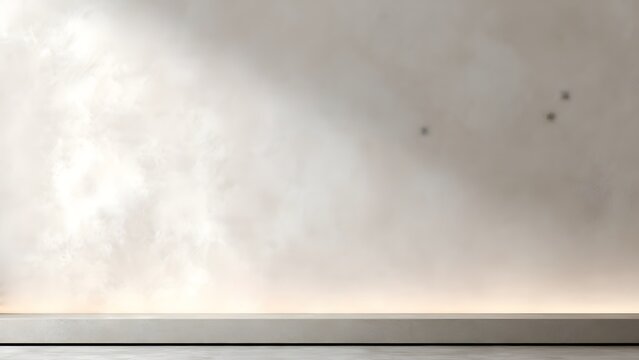 Empty white room with light and smoky clouds drifting through a misty sky