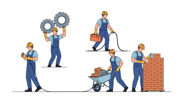 Building Construction Process: Depicts several construction workers, each engaged in a specific task, symbolizing the step-by-step process of erecting a brick structure. 