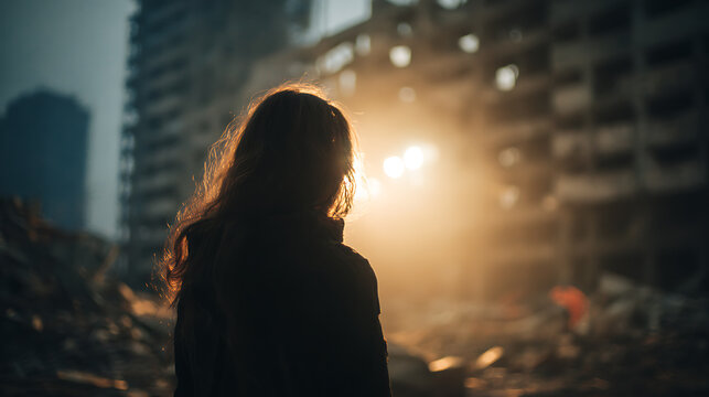 A woman stands silhouetted against the backdrop of a devastated city, bathed in the eerie glow of a fading sun. Rubble and ruins stretch into the distance, hinting at a past catastrophe