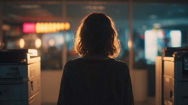 Backlit silhouette of a woman standing between two copiers in an office hallway, illuminated by warm interior lights