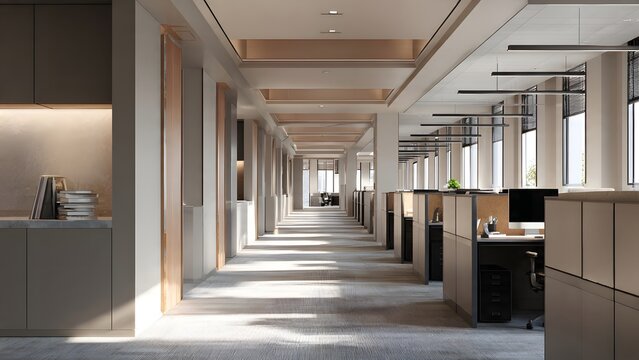 Long empty hotel corridor with doors and soft lighting stretching into the distance