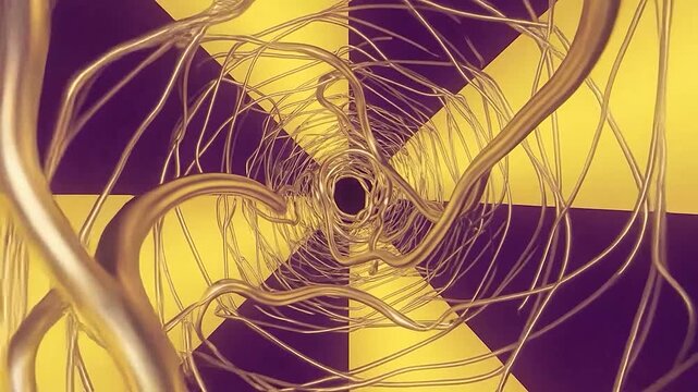 Abstract golden metallic organic structures twisting through a geometric tunnel
