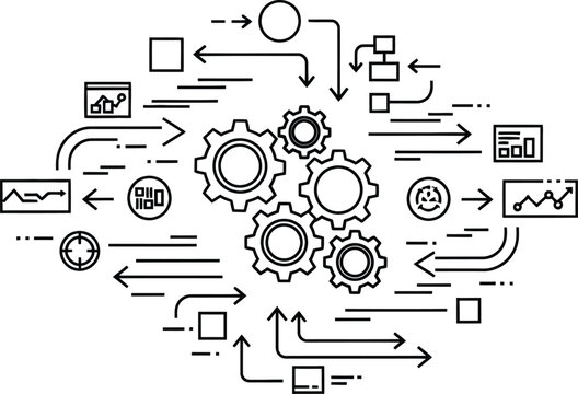 Business process management flowchart with gears and arrows and symbols