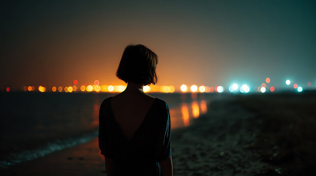 A woman stands on a beach at night, gazing at the distant city lights reflected on the water. The scene evokes a sense of solitude and contemplation