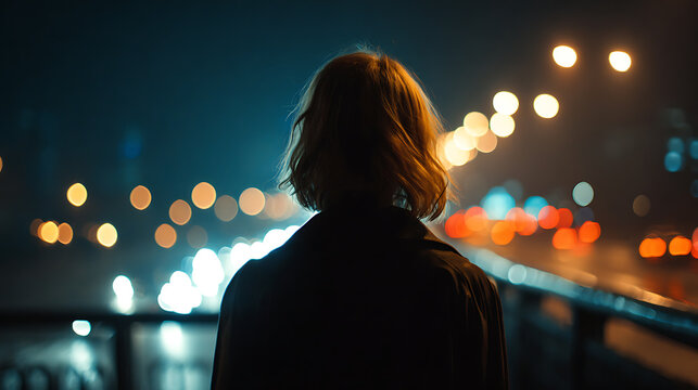 A lone individual stands on a bridge at night, gazing at the city's vibrant bokeh lights. The mood is contemplative and somewhat melancholic, evoking a sense of urban solitude