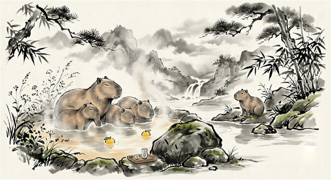 Sumi-e style illustration of Capybaras enjoying a hot spring (Onsen)