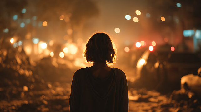 A lone figure stands silhouetted against a hazy, bokeh-filled backdrop of city lights and what appears to be a scene of destruction. The mood is somber and contemplative