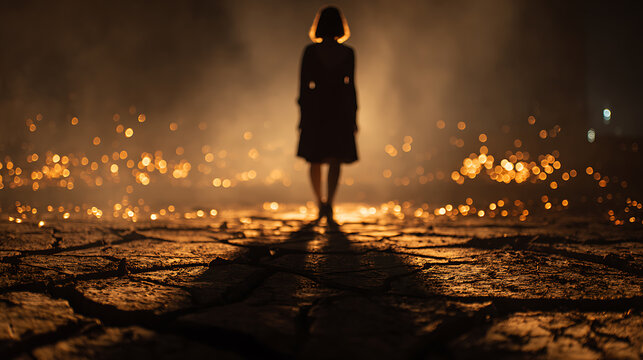 A silhouette of a solitary woman stands amidst a dimly lit, atmospheric landscape dotted with glowing lights. The cracked ground and the dramatic lighting create a sense of mystery and introspection