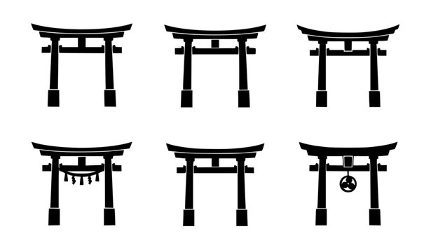 Torii gate icon vector set black silhouette Japanese Shinto shrine symbols simple collection