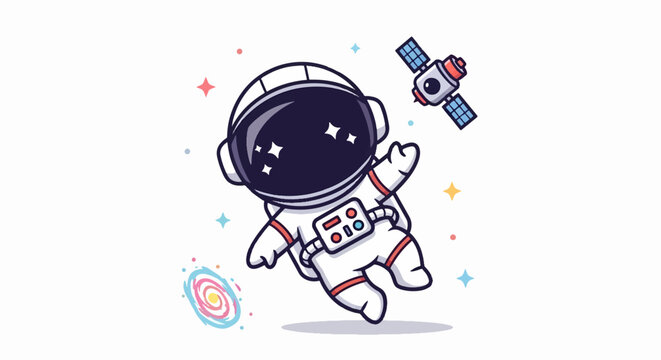 Astronaut Floating in Space with Satellite and Galaxy Illustration.