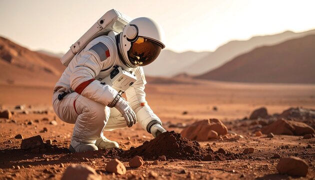 Astronaut Exploring Martian Surface - Scientific Discovery and Exploration.