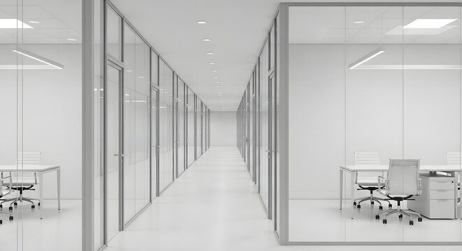 Modern office building corridor interior with clean design and perspective view
