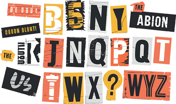 Ransom letter style alphabet with cut out newspaper and magazine characters on transparent background. vector illustration