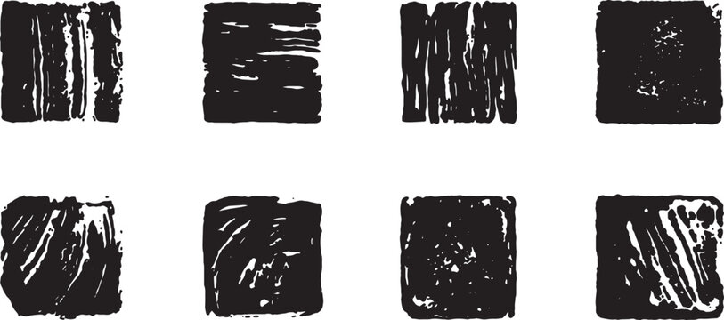 Rough square grunge stamps set on transparent background hand drawn brush strokes for design and textures. vector illustration