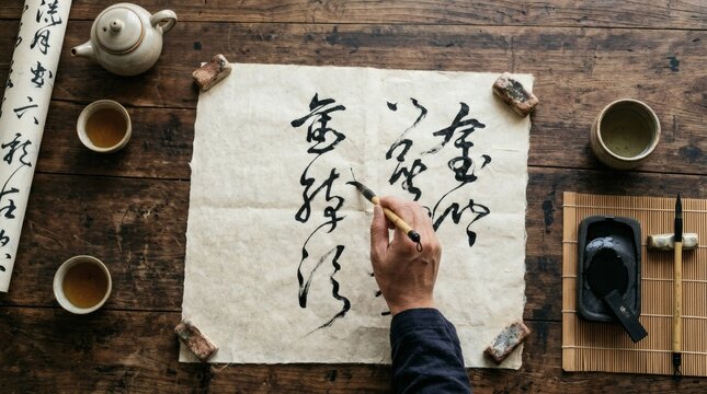 Man practicing traditional Chinese calligraphy with ink brush on rice paper